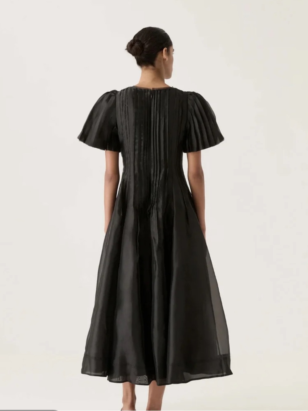 Aje Black Pleated Puff-Sleeve Midi Dress